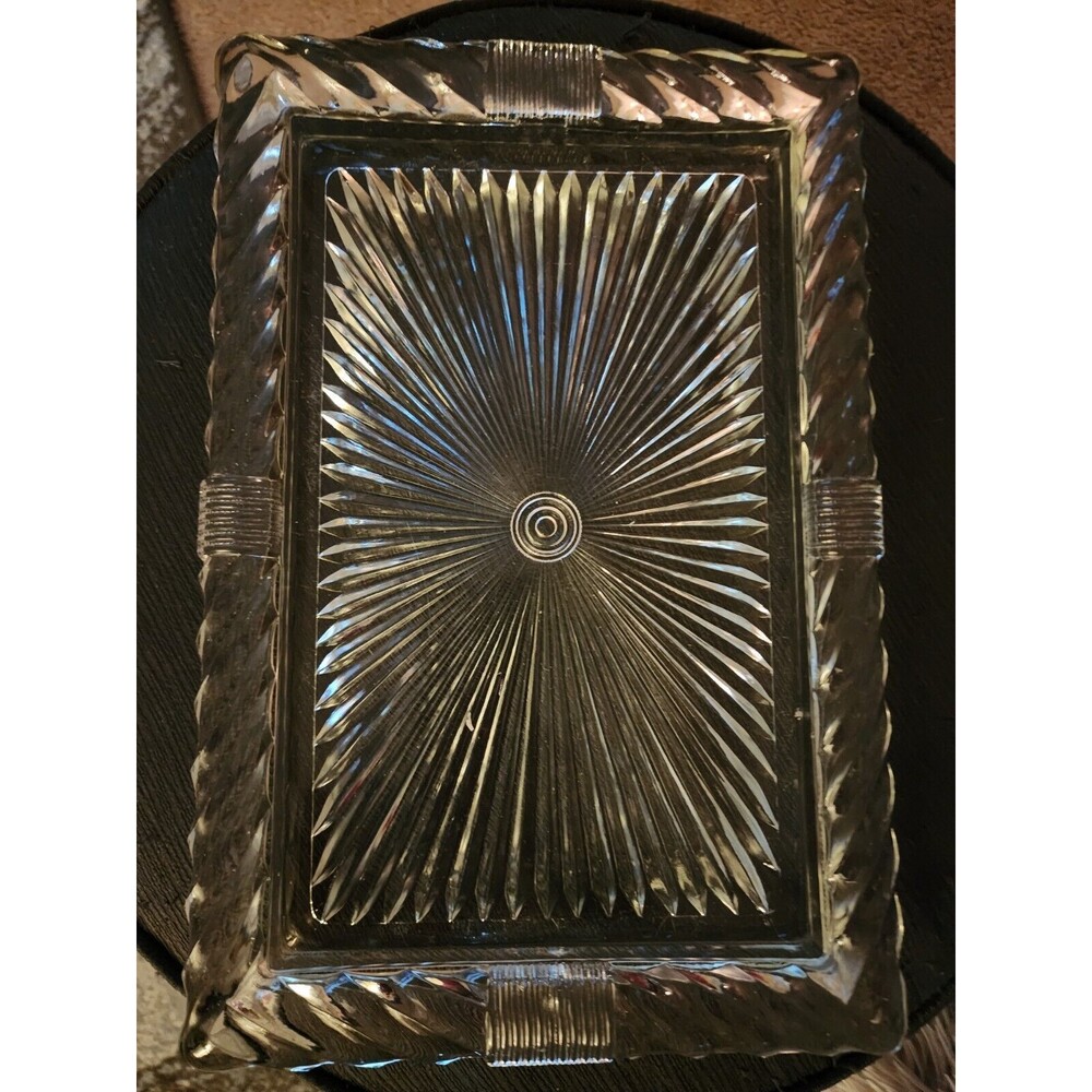 VINTAGE 1950’s Glass VANITY Serving Tray Starburst & Emboss Rope Rim Design RARE
